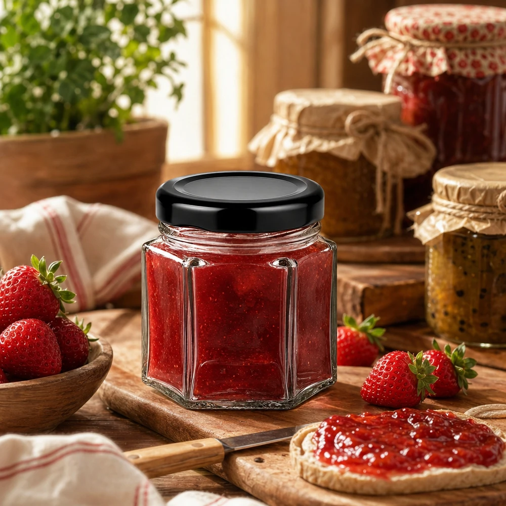 Barattolo hexa da 47 ml con coperchio BasicSeal nero UNiTWIST. Barattolo Hexa 47ml con coperchio nero riempito di marmellata di fragole in cucina rustica con fragole fresche