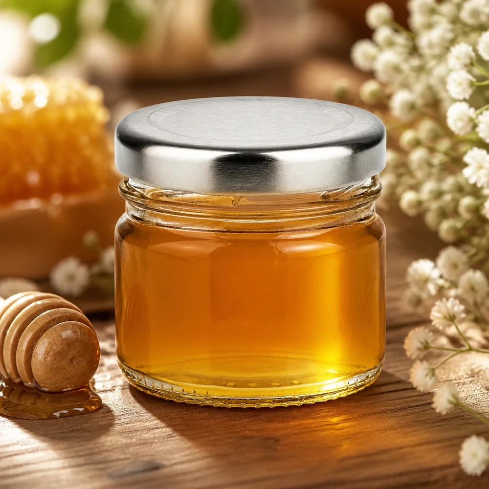 Mini barattolo da conserve da 33 ml con coperchio BasicSeal argento, per miele e decorazioni con fiori di campo