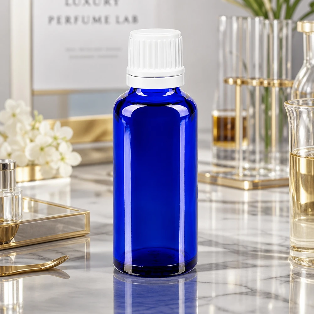 Flacone contagocce blu da 30ml OV bianco/0,7mm ApoGlas Flacone da farmacia da 30 ml blu cobalto con tappo originale bianco, nell’ambiente del Luxury Perfume Lab