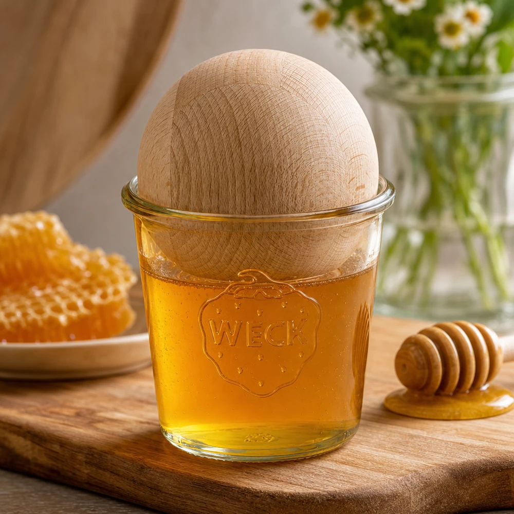 WECK RR100 vaso da 580 ml con sfera di legno di faggio riempita di miele su tavola di legno accanto a favo e cucchiaio da miele