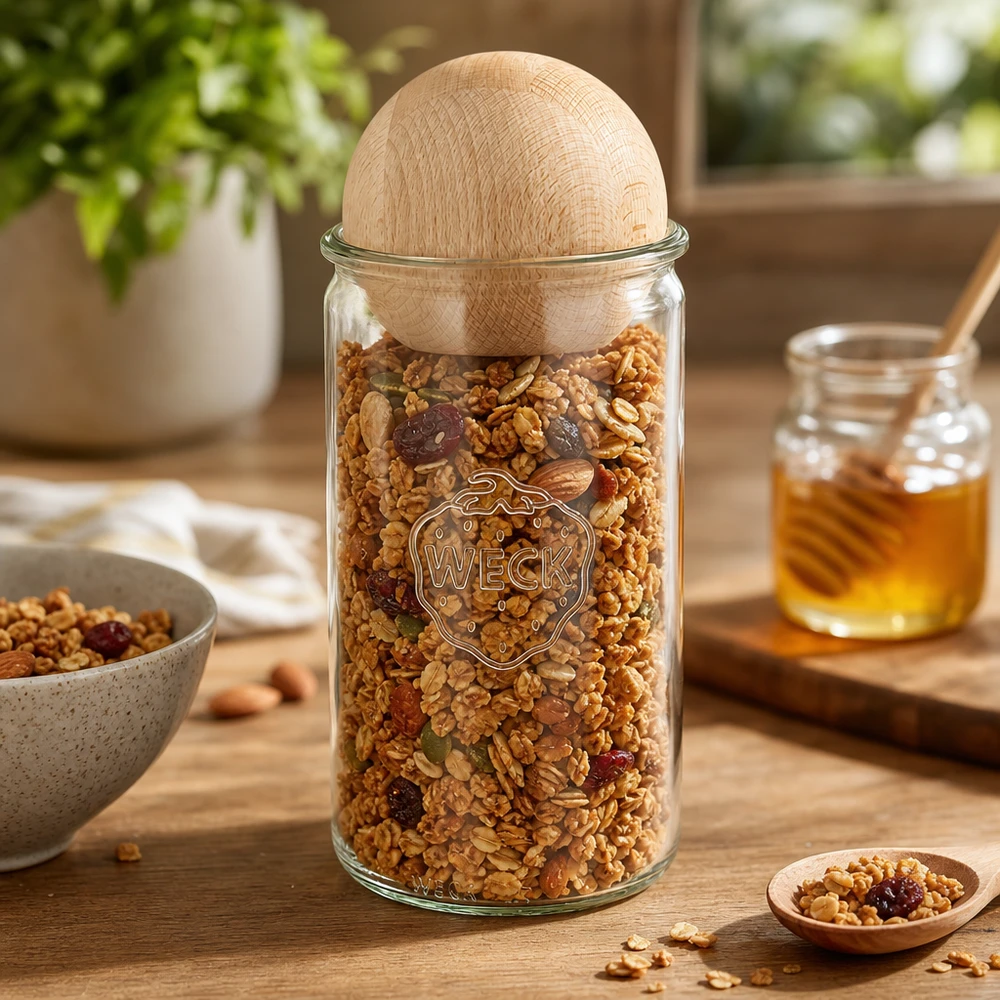 Barattolo WECK 1590ml RR100 riempito con muesli e noci mostra un pratico uso in cucina con tappo a sfera in legno
