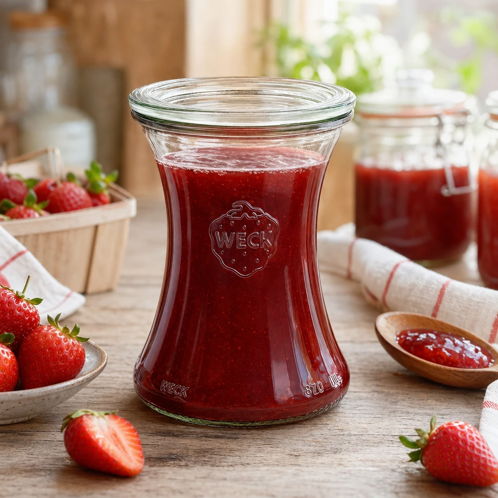 Il barattolo da gastronomia WECK da 370 ml riempito di marmellata di fragole mostra l'uso pratico del barattolo da conserva RR80 in cucina