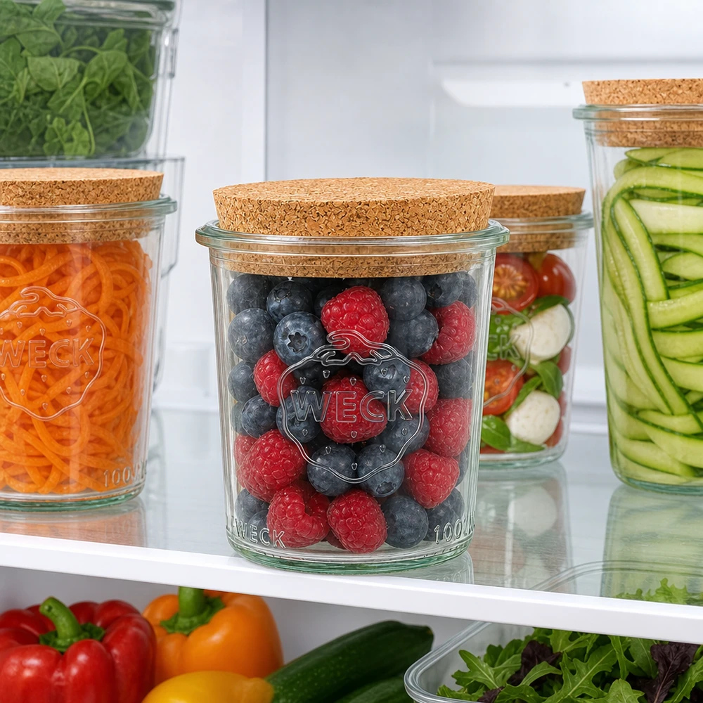 Vaso per conserve WECK 160ml RR60 con coperchio in sughero in frigo pieno di bacche accanto a verdure e barattoli di conservazione