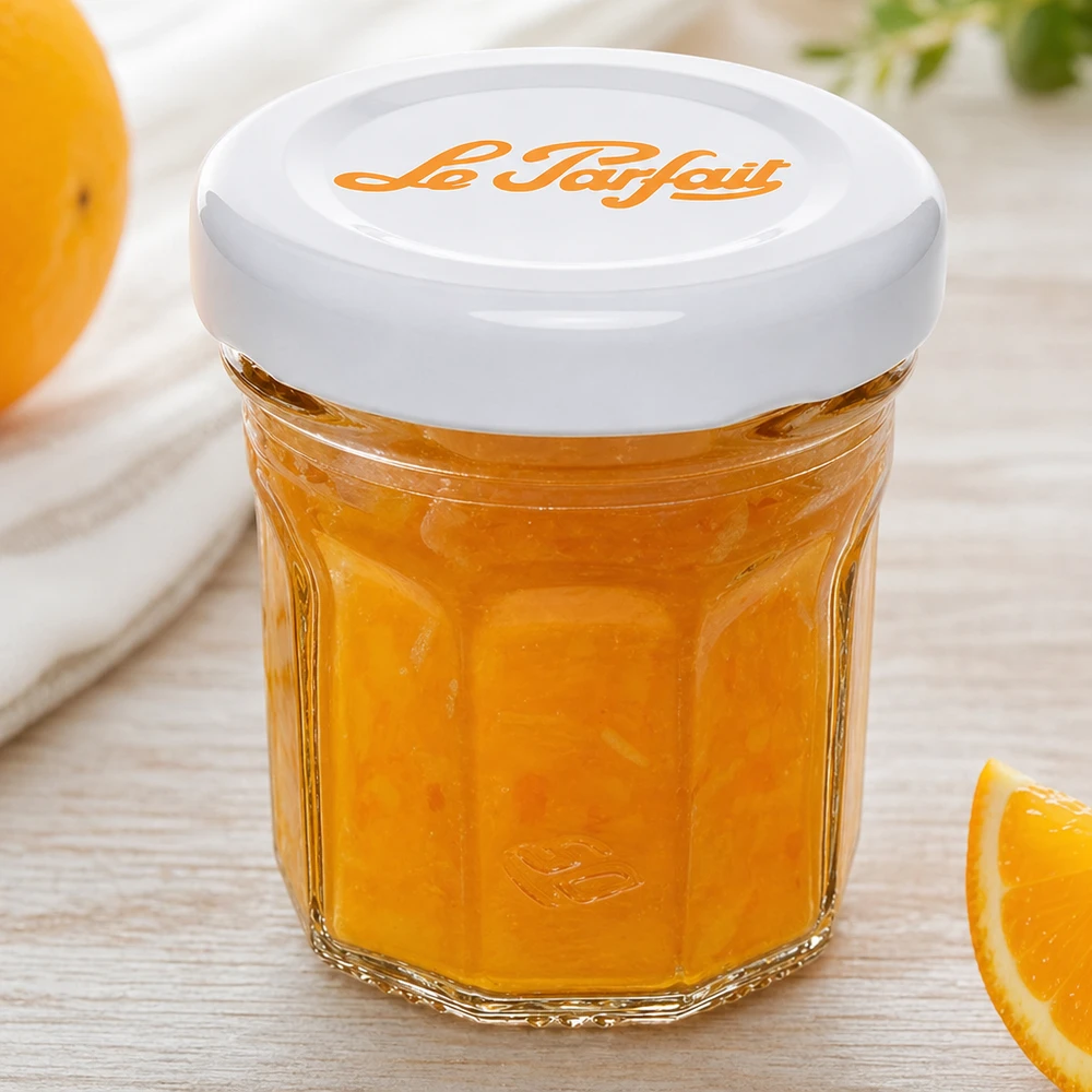Mini tumbler Le Parfait da 44 ml riempiti di marmellata d'arancia e coperchio bianco accanto a fette d'arancia fresca