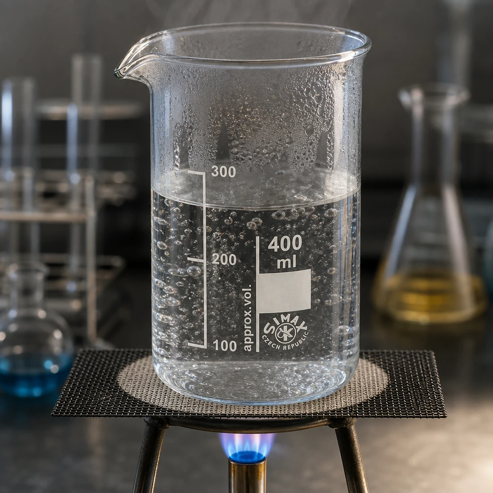 Bicchiere da 400 ml in vetro borosilicato, forma alta Acqua in ebollizione in un becher da 400 ml a forma alta su un becco Bunsen con rete metallica