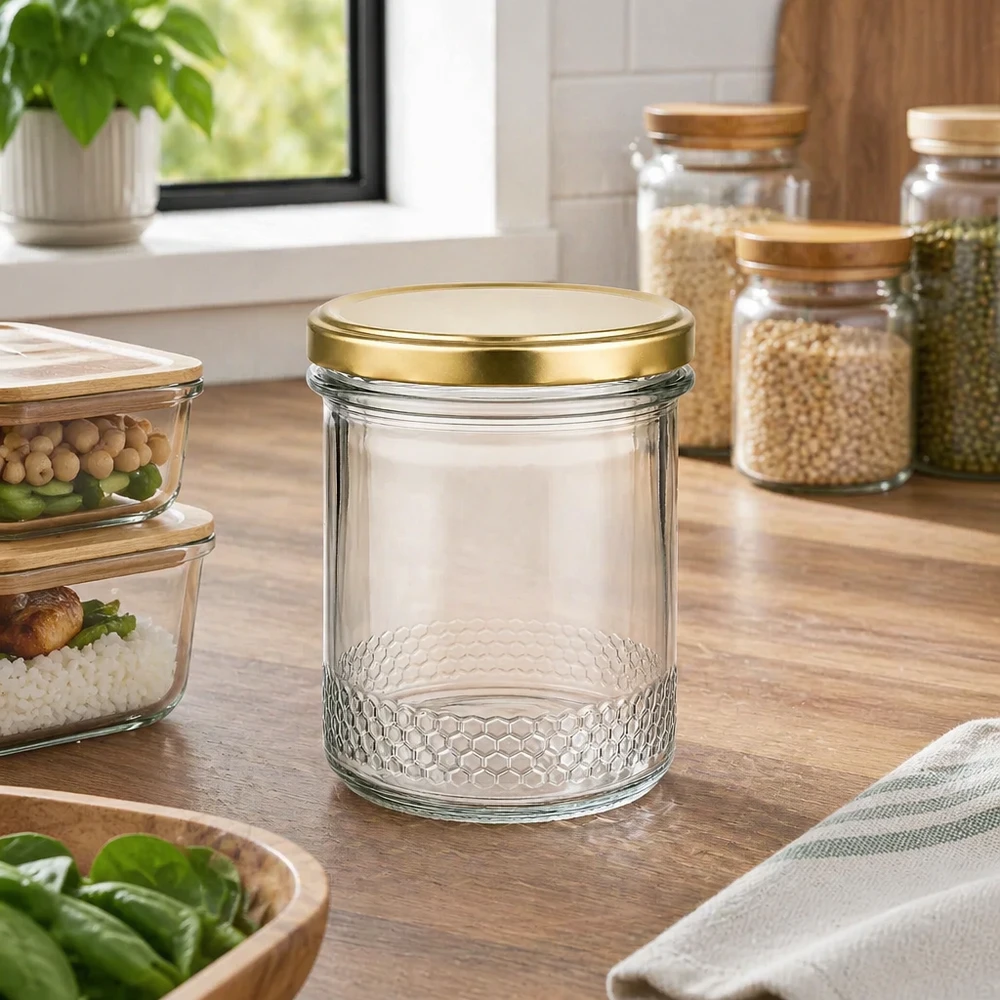 Vasetto per miele da 560 g con capsula dorata BasicSeal UNiTWIST Vasetto di miele vuoto da 400 ml con coperchio dorato BasicSeal UNiTWIST in una cucina moderna tra i vasetti di stoccaggio