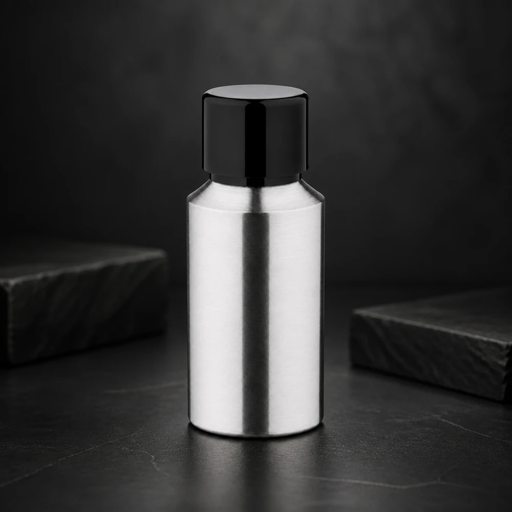 Flacone in alluminio opaco da 30 ml, lucidato per proteggere gli ingredienti sensibili alla luce