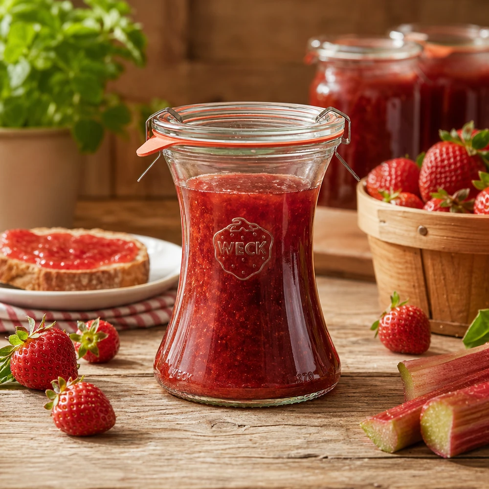 Vaso da conserva WECK da 370 ml riempito di marmellata di fragole Esempio di applicazione per la conservazione di marmellata e confetture