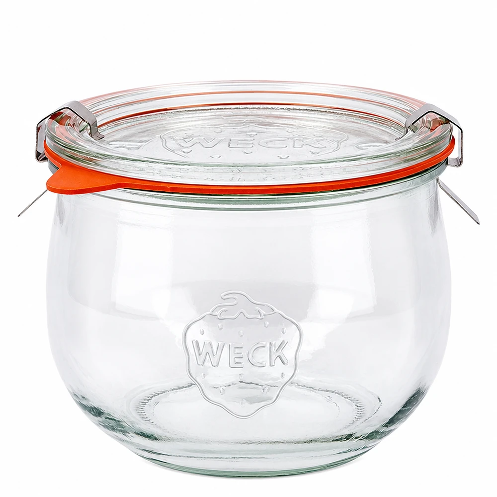WECK vaso a tulipano 580ml RR100 con coperchio in vetro e anello in gomma arancione, classico vaso da conserva in vetro trasparente