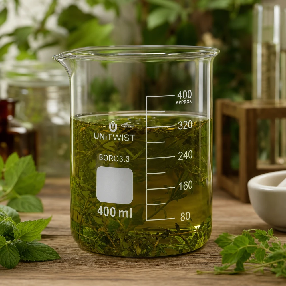 Bicchiere UNiTWIST da 400 ml con estratto di erbe aromatiche verdi su un tavolino di legno circondato da erbe aromatiche fresche