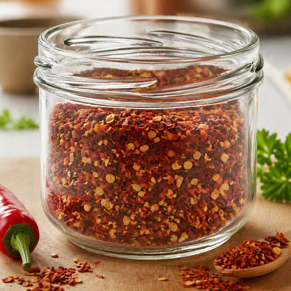 UNiTWIST Sturz260 - Vaso rotondo capacità 260ml TO82 UNiTWIST Sturz260 bicchiere rotondo 260ml TO82 riempito con miscela di spezie al peperoncino su tavola di legno con erbe aromatiche