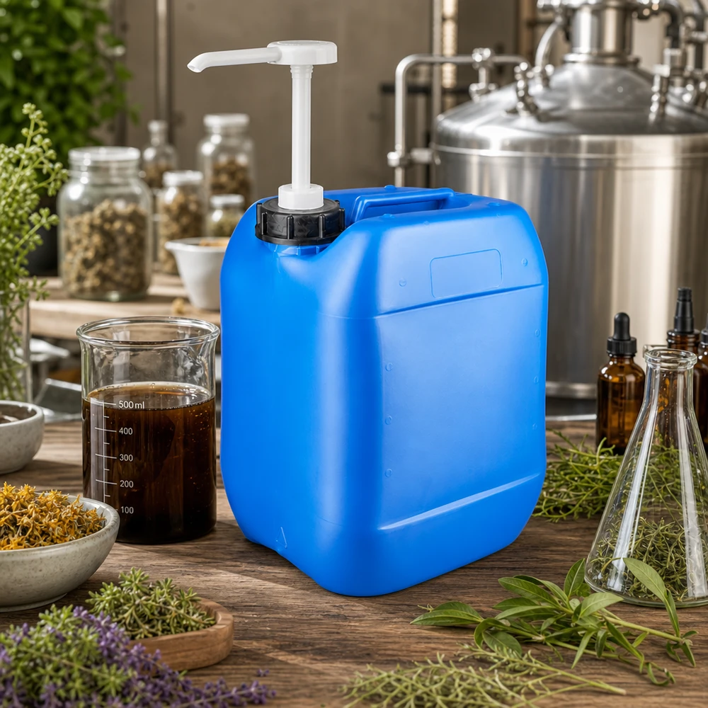 Tanica blu da 10 litri con pompa dosatrice, tra erbe aromatiche fresche e matracci di vetro su un tavolo di legno