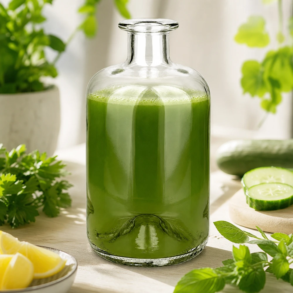 Bottiglia da farmacista Luna da 500 ml riempita con frullato verde circondato da erbe fresche, cetriolo e limone, come bevanda di benessere.