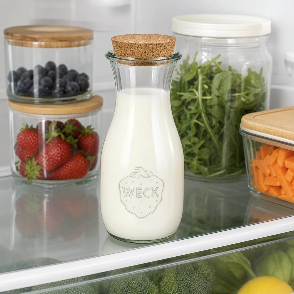Bottiglia di succo WECK da 530 ml riempita di latte in frigorifero accanto a barattoli con frutti di bosco, insalata e verdure