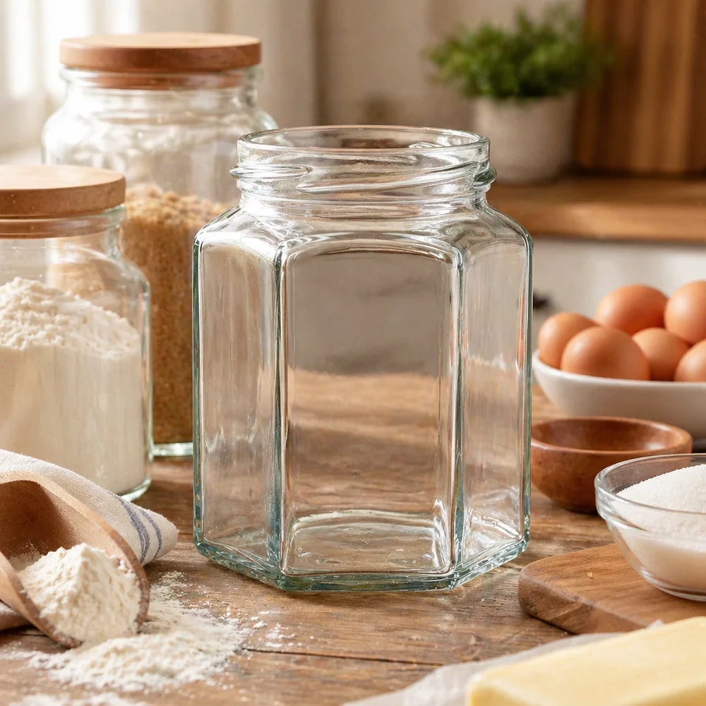 UNiTWIST Hexa288 - Vaso a 6 angoli capacità 288ml TO63 UNiTWIST Hexa288 vaso esagonale per conserve 288ml TO63 vuoto su tavola di legno in cucina con ingredienti di cottura