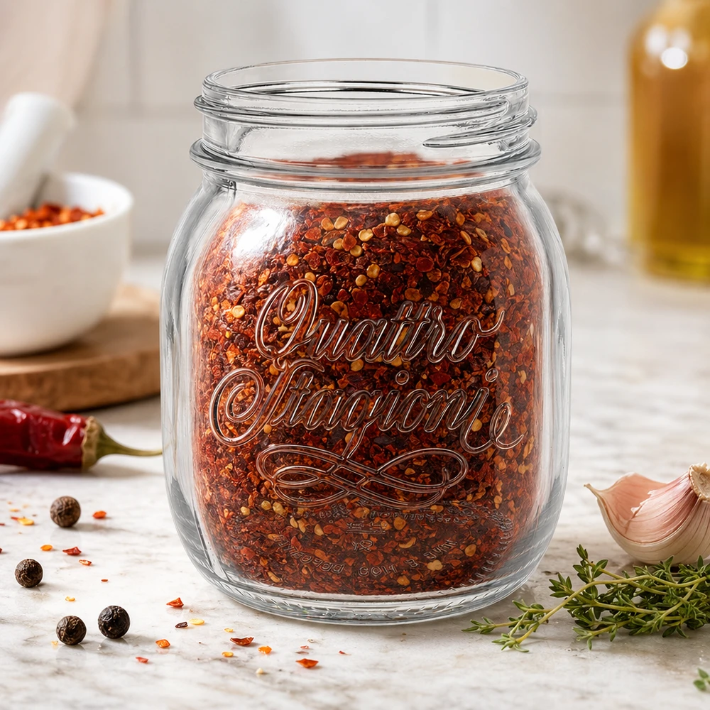 Bicchiere da 700 ml per uso domestico "Quattro Stagioni Barattolo Quattro Stagioni da 700 ml pieno di miscela di spezie al peperoncino sul piano di lavoro della cucina con erbe e aglio