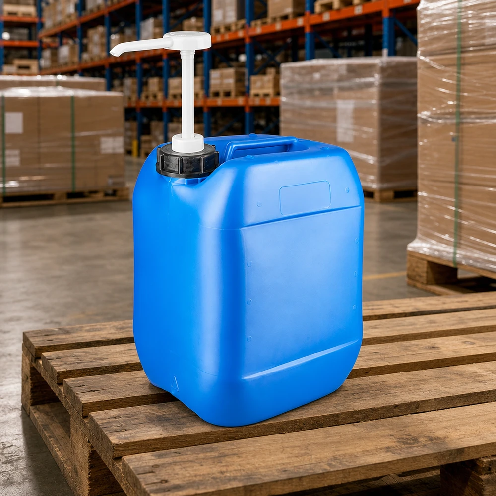 Tanica 10 litri blu con pompa dosatrice Tanica blu da 10 litri con pompa dosatrice su pallet di legno in magazzino