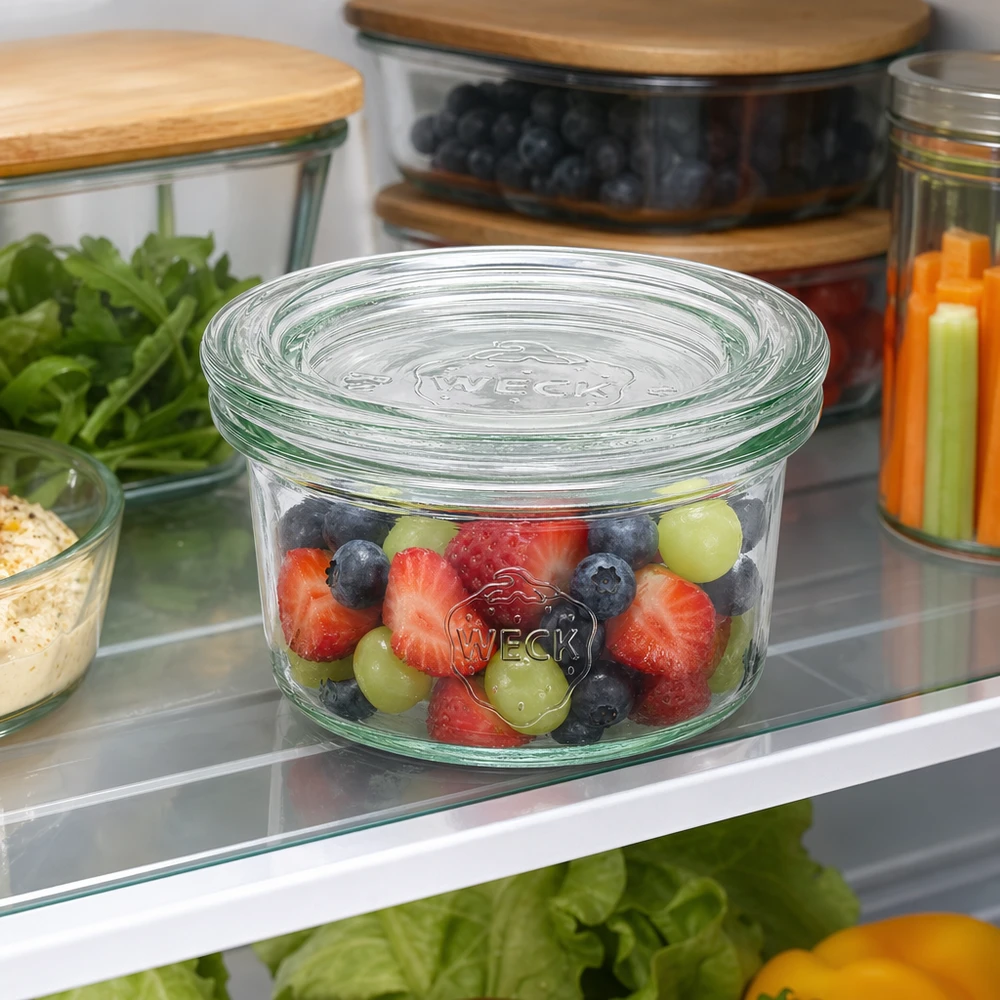 Bicchieri da 50 ml con coperchio in vetro WECK RR60 Bicchieri WECK da 50 ml con mix di bacche in frigorifero per conservare frutta e alimenti freschi