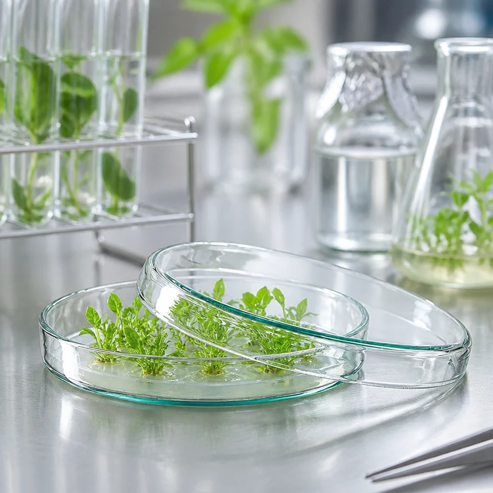 Piastra di Petri in vetro da 90x15 mm con colture vegetali verdi su terreno di coltura nel laboratorio di biotecnologia