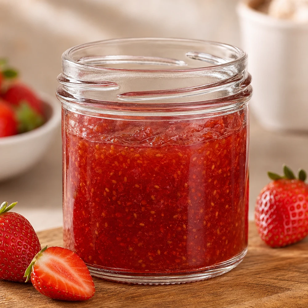 UNiTWIST Sturz167 - Capacità 167ml TO66 UNiTWIST Sturz167 tumbler 167ml TO66 riempiti di marmellata di fragole su una tavola di legno con fragole fresche