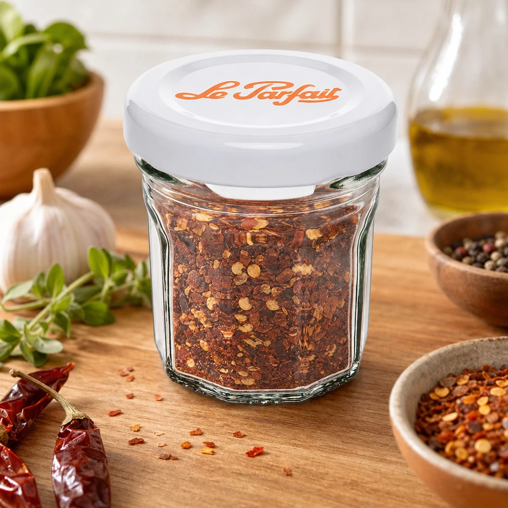 Mini tumbler Le Parfait da 44 ml riempiti con mix di spezie al peperoncino tra erbe e spezie su base di legno