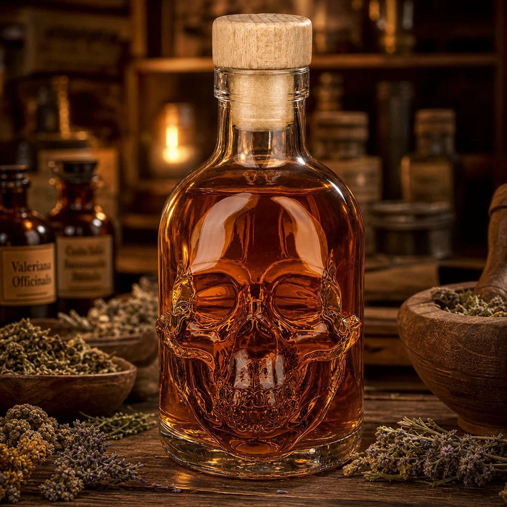 Bottiglia in vetro da 200 ml Jack con tappo in sughero con impugnatura in legno UNiTWIST® Ambiente speziale con bottiglia di vetro a teschio da 200 ml di Jack, erbe e liquido ambrato su tavolo di legno