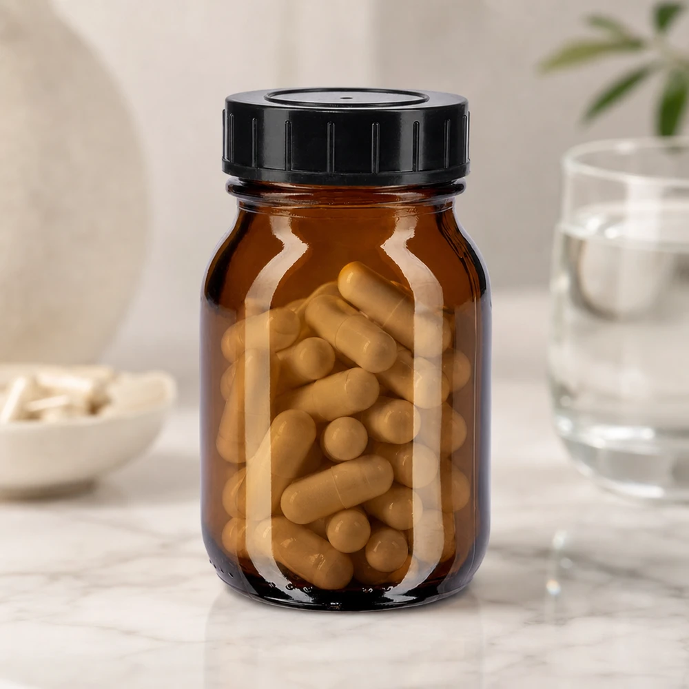 Bottiglia a collo largo da 75ml in vetro ambrato con tappo a vite Flacone in vetro ambrato di alta qualità da 75 ml con tappo a vite, per una conservazione ottimale degli integratori alimentari.