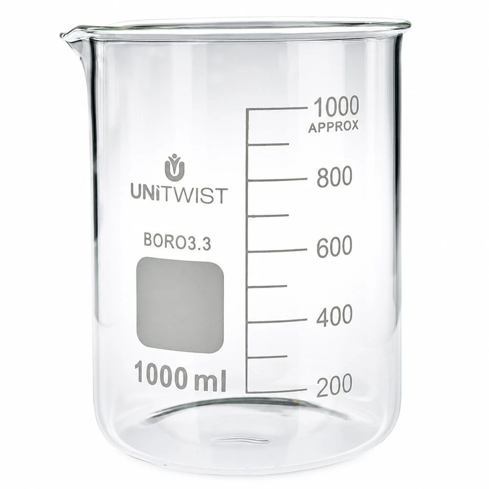 Bicchiere da laboratorio da 1000 ml in borosilicato, forma bassa, con scala graduata fino a 1000 ml, di UNiTWIST