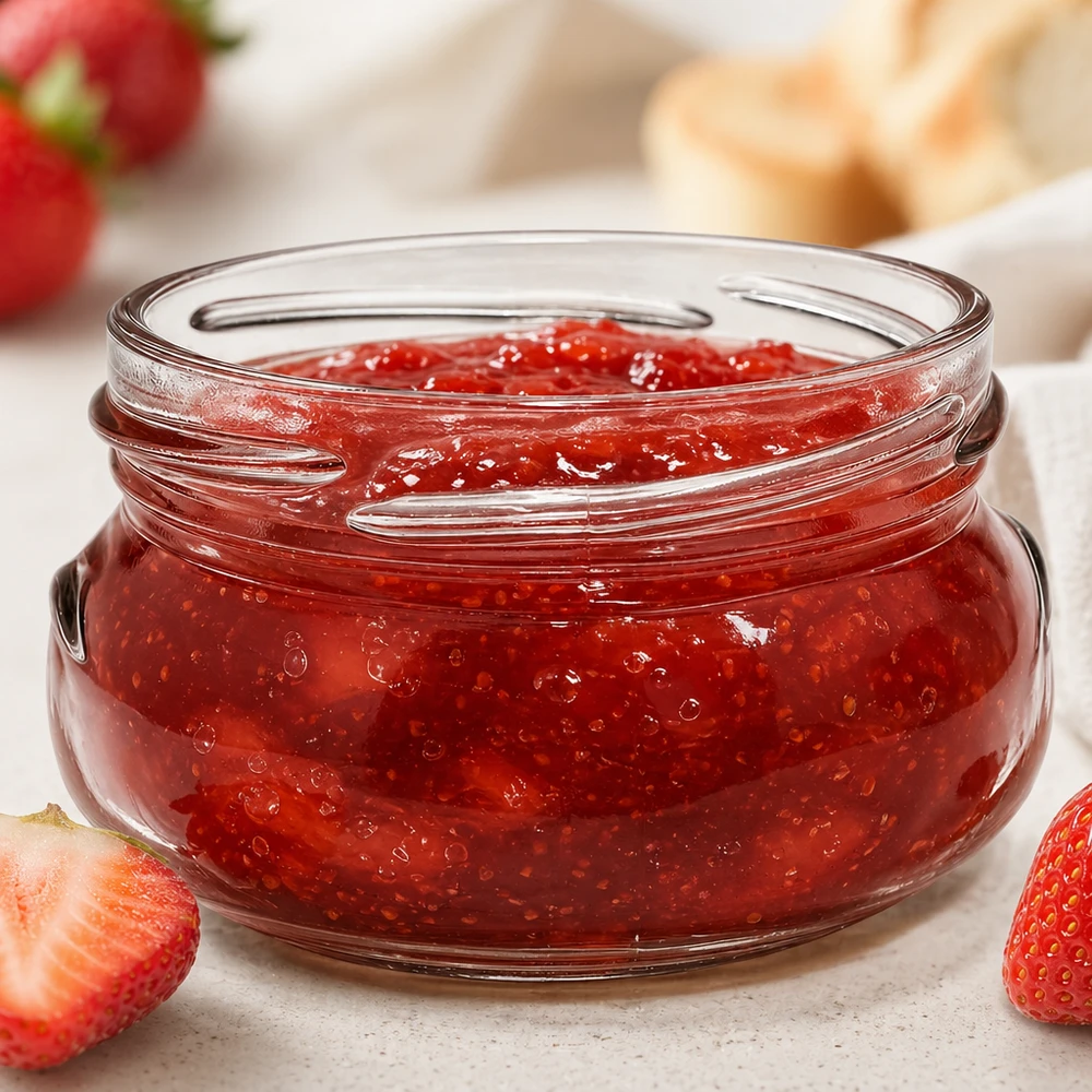 UNiTWIST Terrina120 - Vaso per terrine, capacità 120ml TO70 UNiTWIST Terrina120 vaso da terrina 120ml TO70 riempito di confettura di fragole rosse accanto a fragole fresche