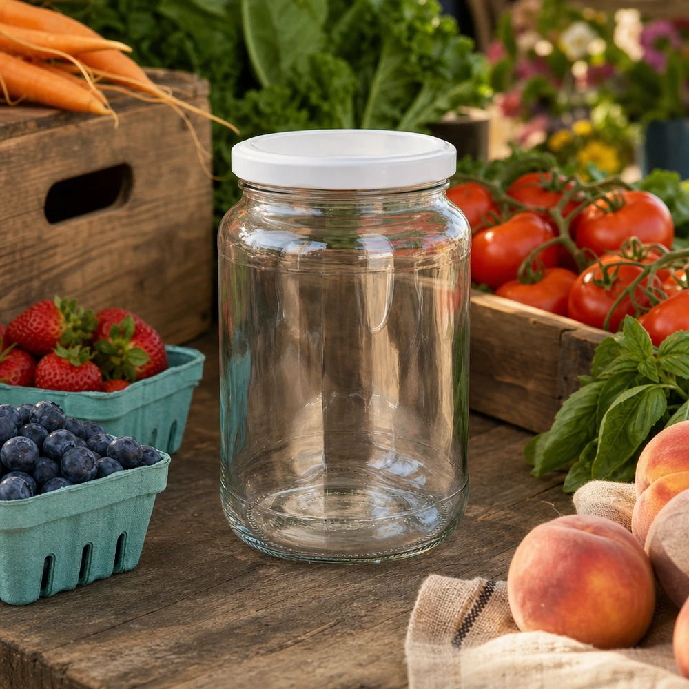 Barattolo rotondo da 1700 ml con coperchio BasicSeal bianco UN.. Vasetto rotondo BasicSeal bianco da 1700 ml su bancarella con pomodori freschi fragole pesche mostra la sua versatilità