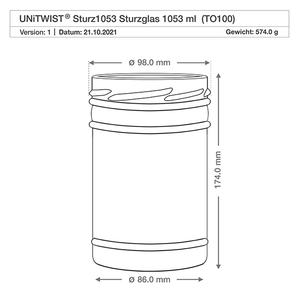 UNiTWIST Sturz1053 - Bicchieri capacità 1053ml TO100 UNiTWIST tumbler 1053ml TO100 disegno tecnico con dimensioni diametro 98mm altezza 174mm peso 574g