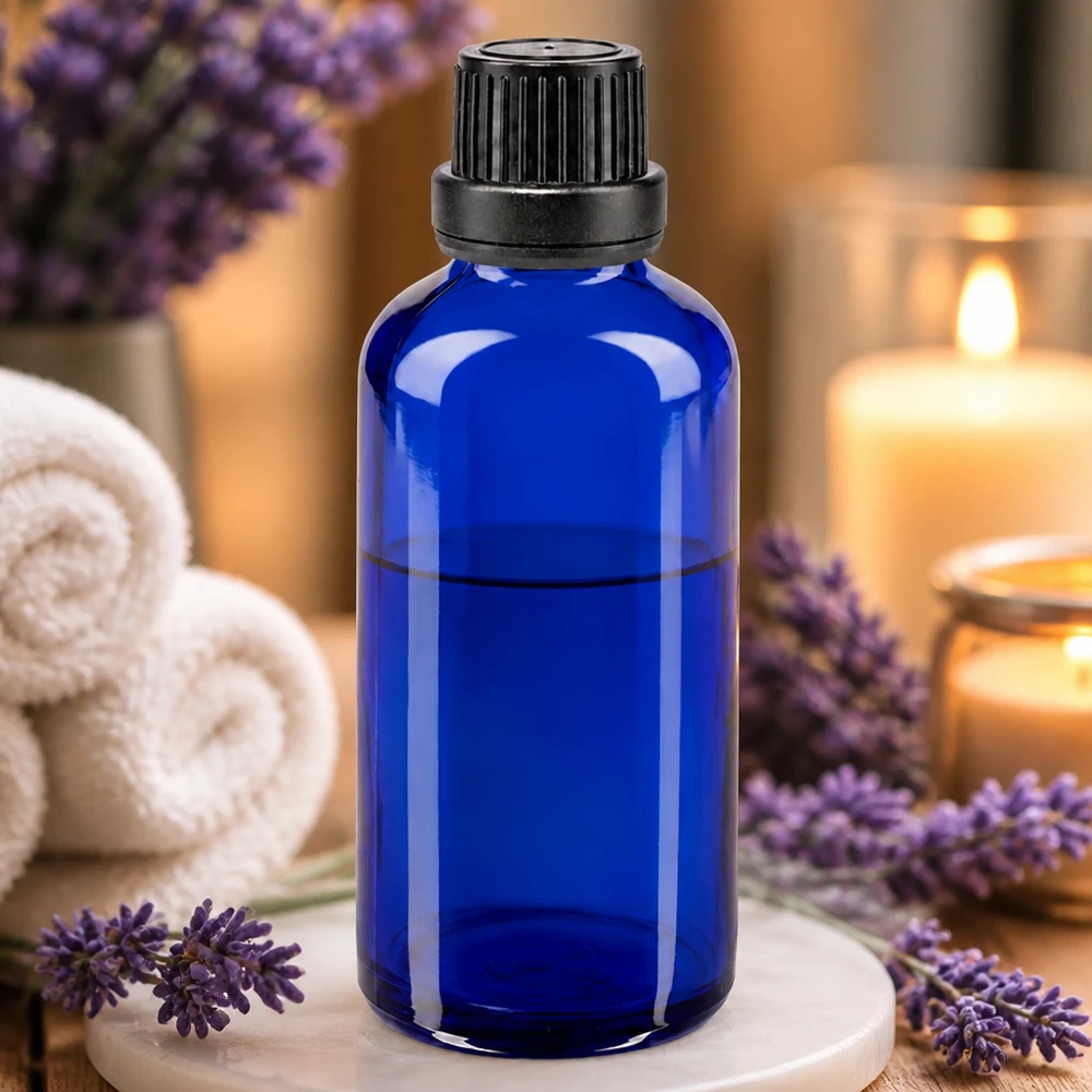 Flacone contagocce blu da 50 ml con tappo OV nero per oli essenziali, su base in legno con lavanda