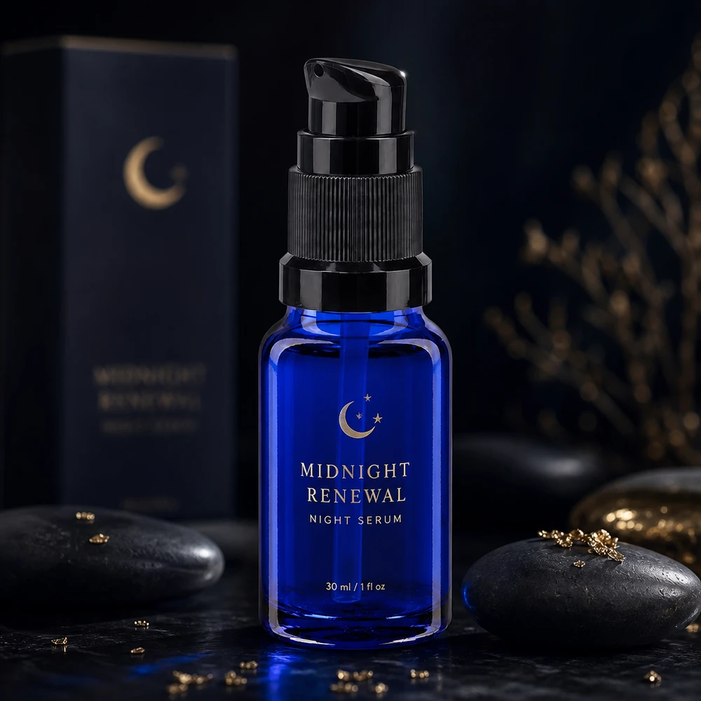 Flacone in vetro da farmacia blu da 10 ml con dosatore a pompa STD e dosatore nero per siero da notte e trattamenti per il viso