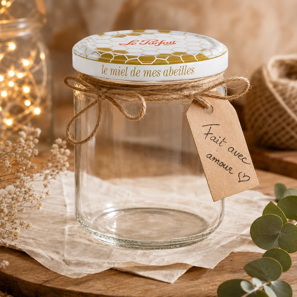 Vasetto Le Parfait da 212 ml decorato con scatola regalo, cordoncino di iuta e etichetta scritta a mano.
