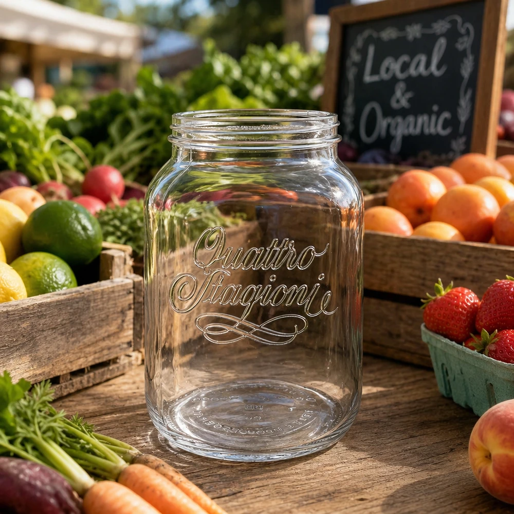 Vaso da 3000ml per uso domestico "Quattro Stagioni Bicchiere casalingo Quattro Stagioni da 3000 ml su un tavolo di legno con frutta e verdura fresca del mercato contadino