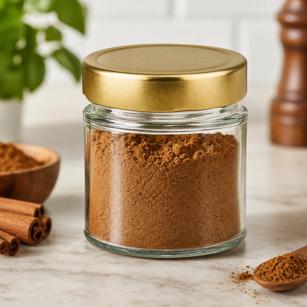 Barattolo rotondo da 154 ml con coperchio BasicSeal oro profondo UN.. 154ml barattolo rotondo BasicSeal oro riempito con polvere marrone cannella spezie cucina scenario stoccaggio barattolo di stoccaggio