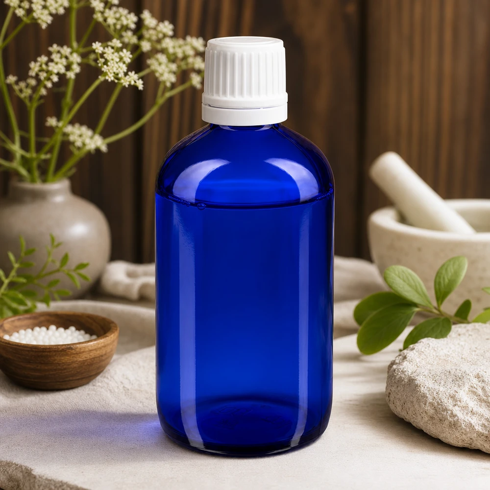 Flacone contagocce da 20 ml di precisione, in vetro con protezione UV, di colore blu con tappo KiSi bianco, per prodotti farmaceutici