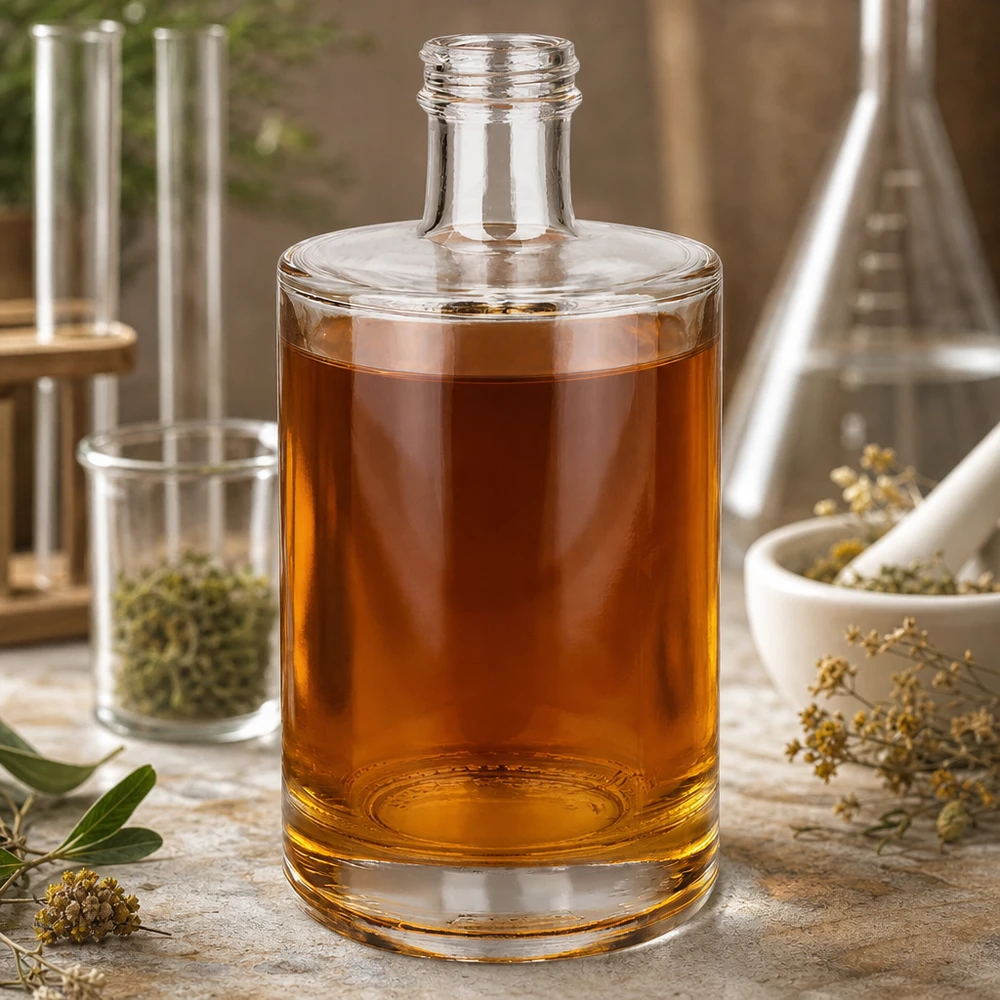 Bottiglia in vetro da 500 ml Sam senza tappo a vite UNiTWIST® 500ml Glasflasche Sam mit bernsteinfarbener Flüssigkeit Labor-Atmosphäre Kräuter Mörser Reagenzgläser Apotheker-Stil
