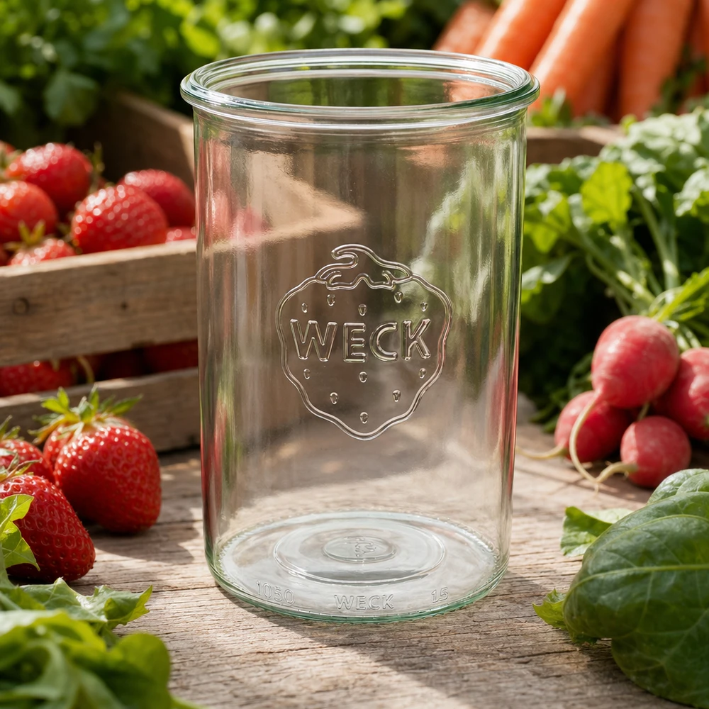 WECK 1000ml RR100 tumbler con logo su tavolo di legno circondato da fragole, ravanelli e verdure fresche