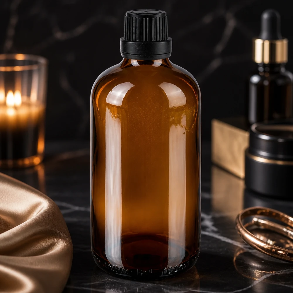 Flacone contagocce marrone 100ml OV nero/2mm ApoGlas Flacone da farmacia marrone da 100 ml con tappo OV a prova di bambino su superficie in marmo nero