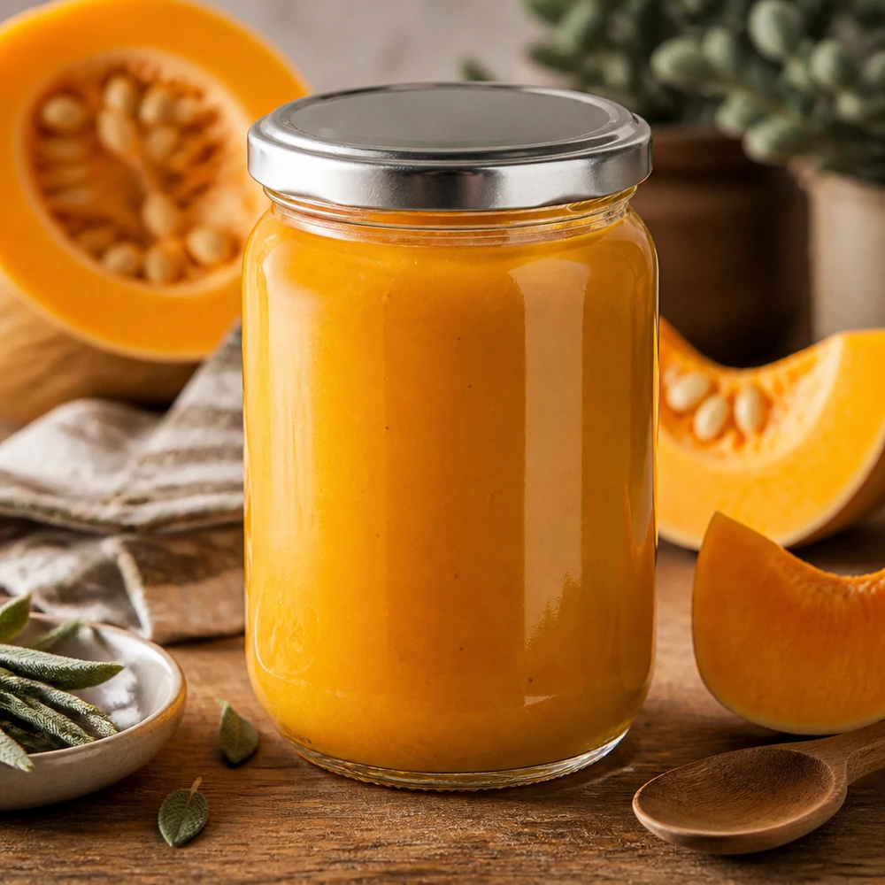 Barattolo da conservazione BasicSeal da 555 ml, color argento, riempito con crema di zucca fatta in casa