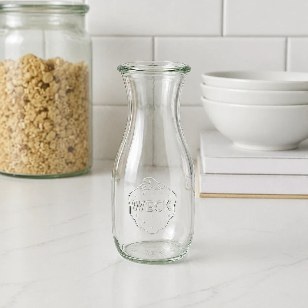 Bottiglia per succhi da 530 ml WECK RR60 Bottiglia di succo WECK vuota da 530 ml RR60 con rilievo di fragole in una moderna cucina bianca accanto a barattoli e ciotole per riporre i prodotti
