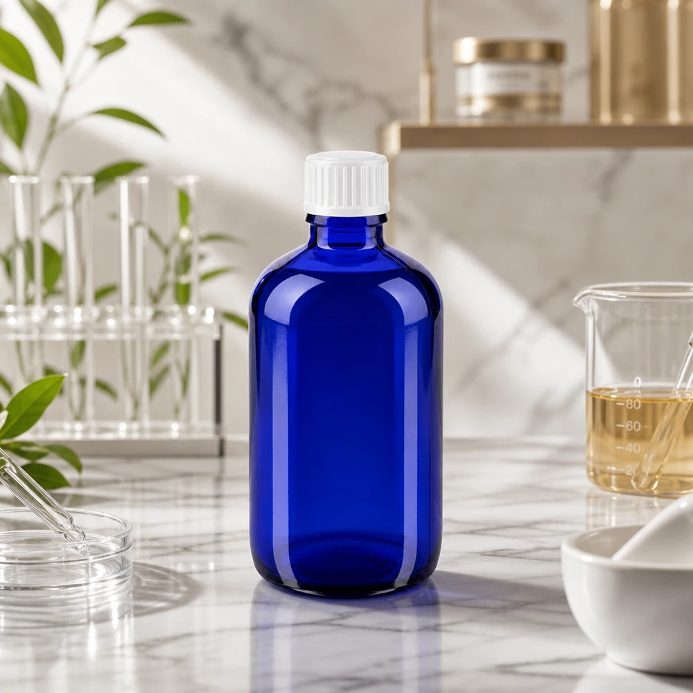 Bottiglia 100ml blu (Glo.) GR STD bianco/3mm ApoGlas Flacone con protezione dalla luce da 100 ml, blu cobalto, con tappo di sicurezza bianco, in laboratorio