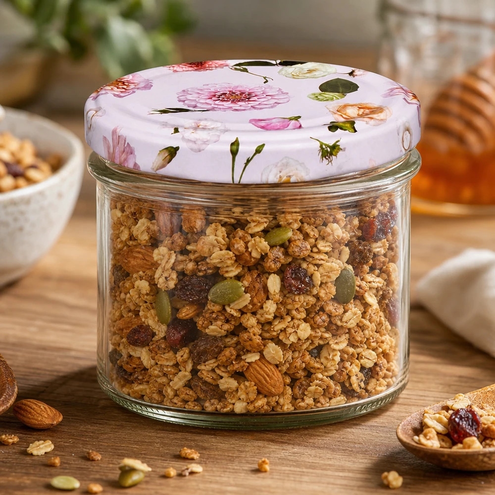 Barattolo di vetro da 225 ml + coperchio BasicSeal rosa UN... Muesli di granola in barattolo da 225 ml con coperchio a fiore rosa - versatile per conservare cibo e snack