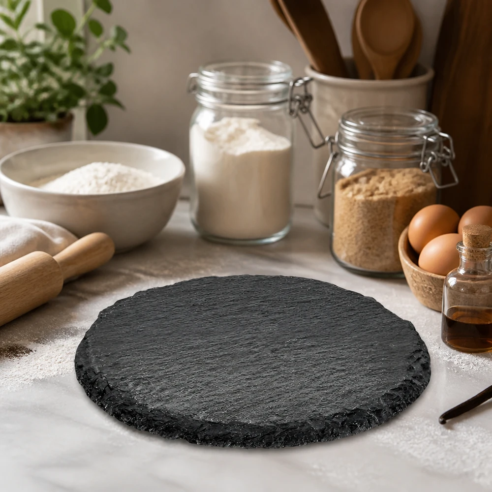 Piatto da portata rotondo in ardesia Ø 150 mm Runde Schieferservierplatte 15cm inmitten von Backzutaten und Küchenutensilien als stilvolle Arbeitsunterlage