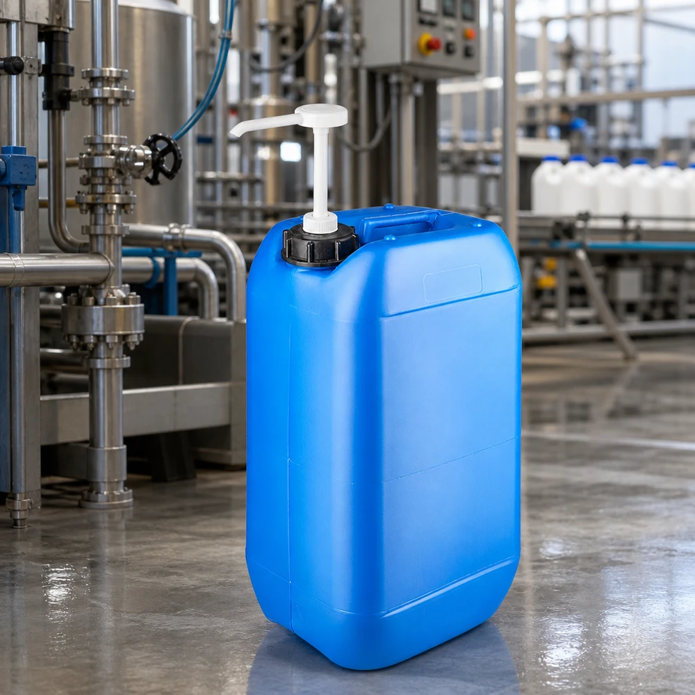 Tanica blu da 15 litri con pompa dosatrice in un impianto di produzione industriale con tubi in acciaio inossidabile