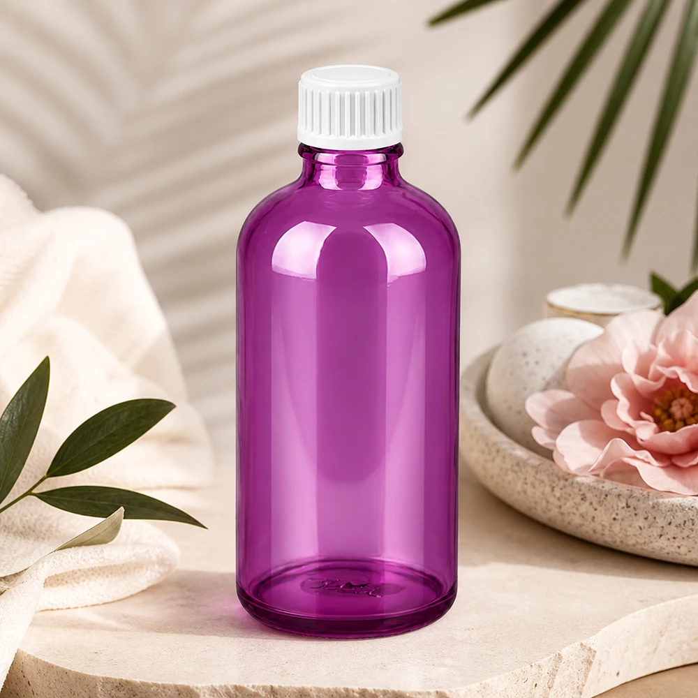 Flacone da 100 ml (globuli) con anello versatore da 3 mm bianco Standard PurpleLine. UT18/100 Bottiglia piccola da 100 ml in vetro viola con pratico tappo a vite per uso mobile
