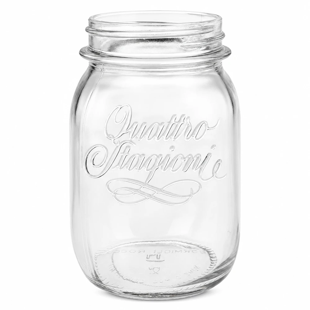 Barattolo per conserve Quattro Stagioni da 500 ml in vetro trasparente con logo in rilievo senza coperchio su sfondo bianco