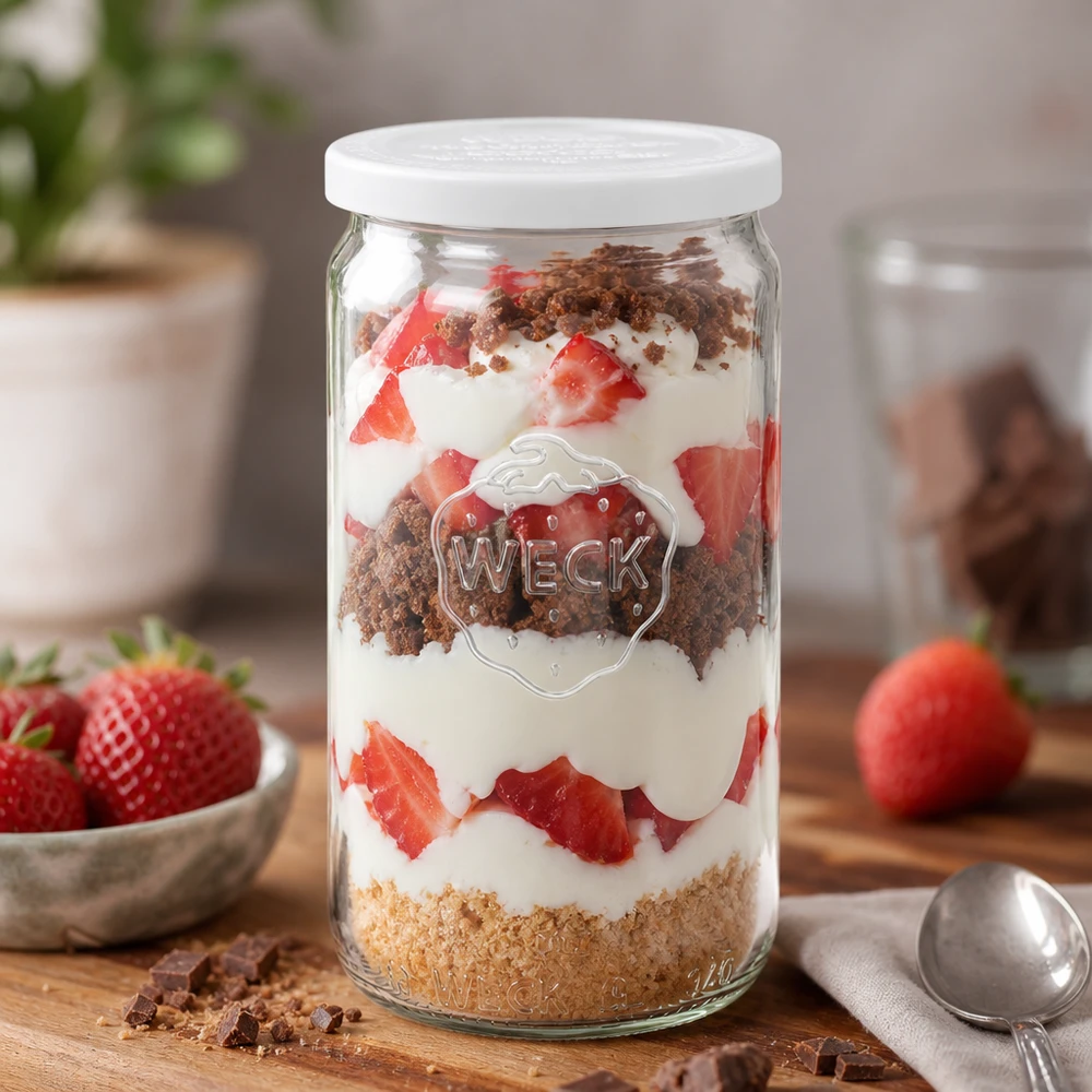 Vaso cilindrico WECK da 340 ml come vaso da dessert con fragole e crema a strati disposti in modo decorativo