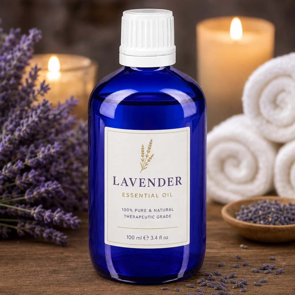 Foto del prodotto: olio di lavanda, flacone contagocce da 20 ml in vetro da farmacia blu con tappo di sicurezza per bambini bianco